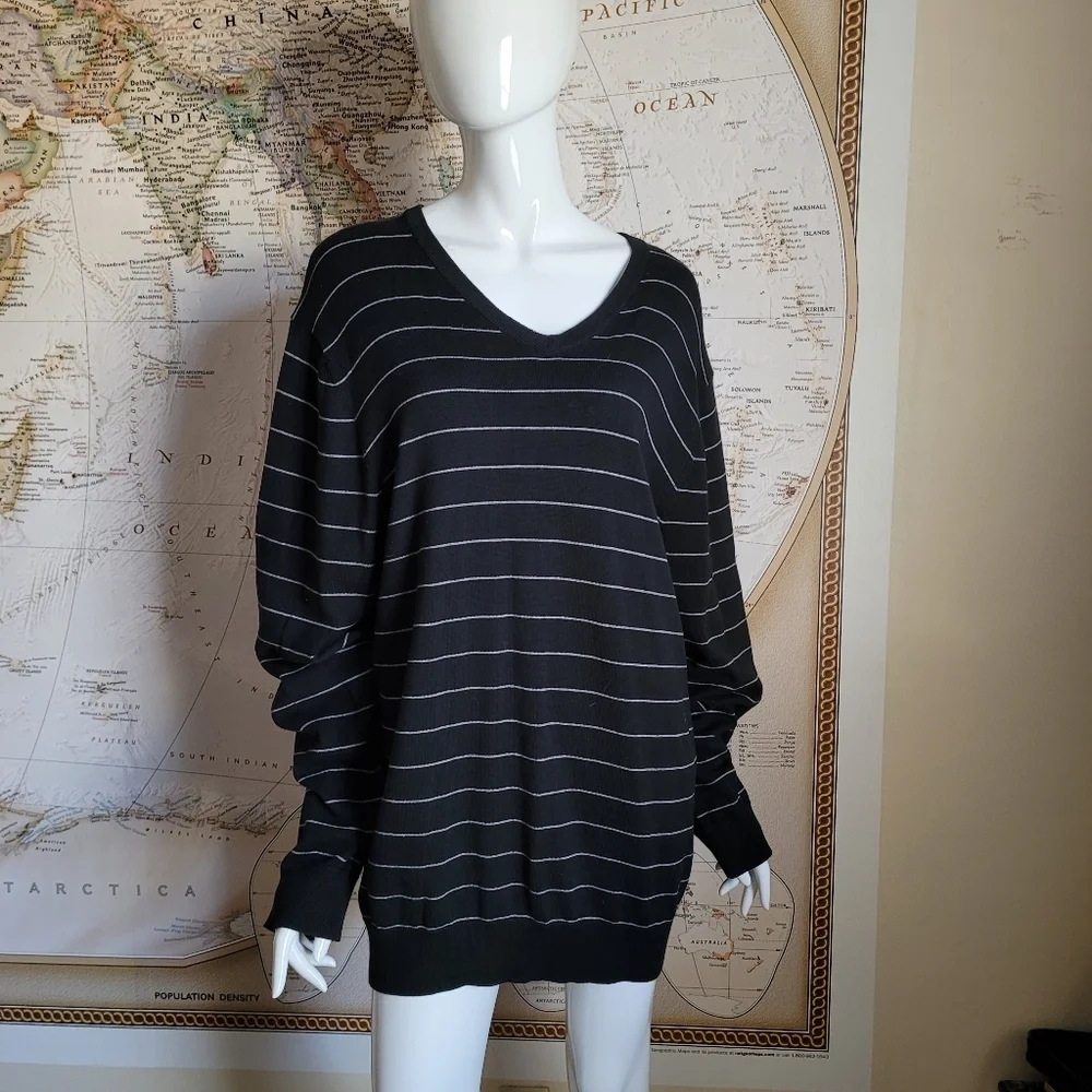 Old Navy Black White Striped Mens V-Neck Cotton Sweater nautical preppy cozy XL
